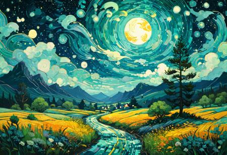 Art by James R. Eads, Swirling and flowing lines define the vivid landscapes and sky, drawing inspiration from Van Gogh's Starry Night. each piece appears as a vision or a dream with psychedelic colors and a sense of movement that suggests a connection to the spiritual or metaphysical world. the style is heavily influenced by the natural world and uses bright and contrasting colors to add depth and emotion. by Satori Canton, acrylic painting, trending on pixiv fanbox, palette knife and brush strokes, style of makoto shinkai jamie wyeth james gilleard edward hopper greg rutkowski studio ghibli genshin impact<lora:xl_more_art-full_v1:0.3>