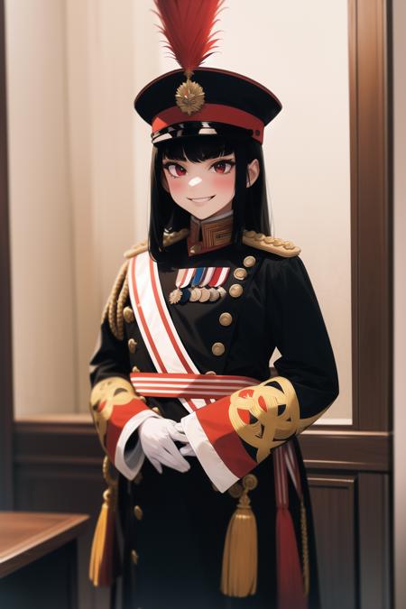 masterpiece, best quality, absurdres, high resolution, extremely detailed, 1girl, solo, cowboy shot, upper body,  ((court uniform,black uniform, double breasted,austrian knots sleeve,medals, IJA kepi with white and red plume, hat,kepi, )), small breasts, narrow waist, black long hair, blunt bangs, red eyes, evil smile, smug, swept bangs, <lora:IJAuniform-v0-000005:0.9>, indoors, palace, courtroom,