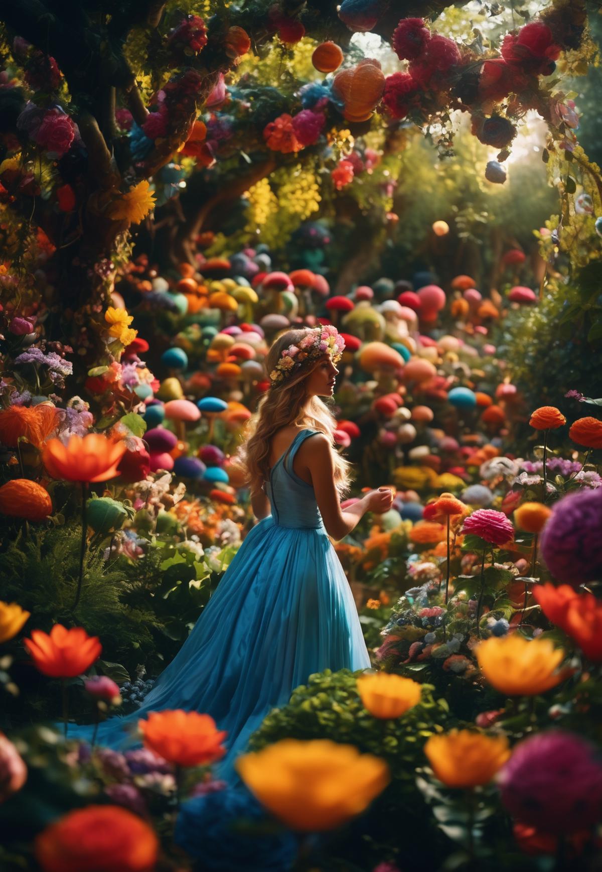 A woman in a blue dress standing in a field of flowers with a flowery crown in her hair.