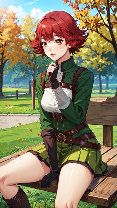 short hair red hair orange eyes green and white outfit belt green skirt