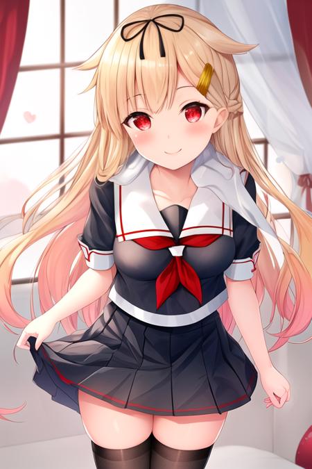 masterpiece, best quality, highres, solo, {yuudachi_kantaicollection:1.10}, blonde_hair, long_hair, ribbon, hair_ribbon, hair_ornament, hair_flaps, hairclip, red_eyes, black_ribbon, smile, serafuku, blush, breasts