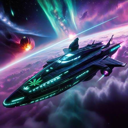 420futurism, A sleek cyberpunk spacecraft drifts silently through the neon-streaked void, its hull glowing with shifting pulses of electric blue and magenta. Built with sharp angles and iridescent alloy plating, the ship glides past a luminous gas giant, its rings casting glimmers across the vessel’s mirrored surface. No lifeforms are aboard—just a symphony of blinking lights, humming energy cores, and AI-guided navigation. Above, a field of distant stars burns bright against the black, while below, a swirling planet of clouds and synthetic structures reflects the ship’s passing glow. In this futuristic galaxy, the craft is both predator and ghost, carving paths through the cosmos in vivid, electric silence, Masterpiece level quality, soft lighting, sharp focus, fine details, high quality, precise, high resolution, 4k, 8k,