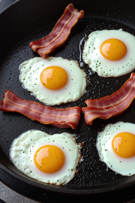 closeup of eggs and bacon frying in a cast iron pan, cinematic photography