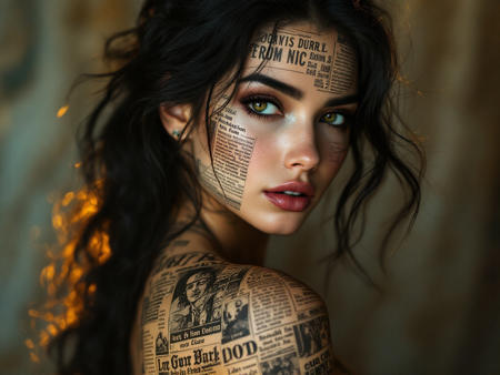 photo of a woman with newspaper print on her skin and black hair
