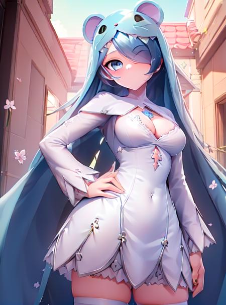 Sistermon Ciel,1girl,solo,blue hair,long hair,dress,very long hair,white dress,one eye covered,long sleeves,small breasts,STANCE,cherry blossoms,star \(sky\),hands on hips,<lora:ï¼äººç© ä¿®å¥³å½å¤©èï¼Sistermon Ciel:1>,, (masterpiece), (best quality), HDR, intricate detail,