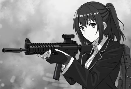 hyperrealistic black and white gritty in the real world photograph of a serious, not cutie, anime girl in a serious black suit holding and aiming an assault rifle, firing at enemy
