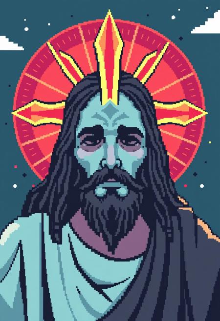 Jesus Christ but it is really a squid 
Pixel art style