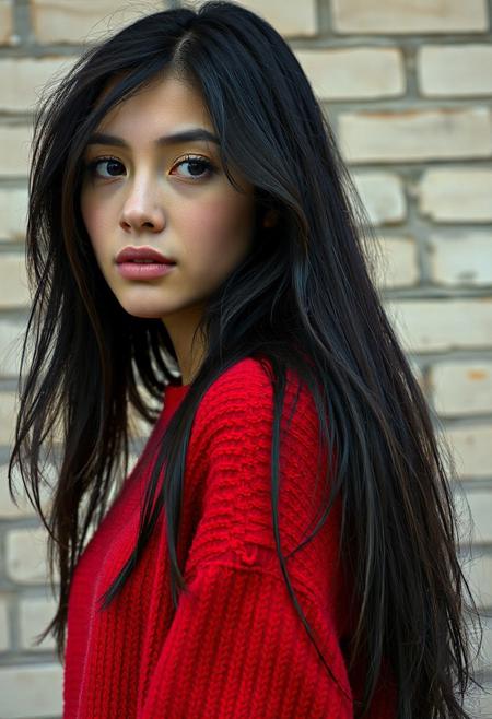 Create a photorealistic image depicting a young woman with long, flowing black hair. Her hair should have a slightly tousled and natural appearance, cascading over her shoulders and down her back. She is wearing a vibrant, solid red, oversized knit sweater with a crew neck. The sweater should appear soft and cozy, with visible texture in the knit. The lighting should be soft and diffused, avoiding harsh shadows, suggesting an overcast day or indoor lighting near a window. Her skin tone appears fair with a subtle, natural complexion. Her gaze is directed slightly off-camera to her right, with a contemplative or slightly surprised expression. Her lips are full and naturally shaped. The background should consist of a textured, light-colored brick wall with variations in tone and some subtle weathering or discoloration to add realism. The bricks should be arranged in a standard running bond pattern. The overall mood should be slightly melancholic yet serene, emphasizing the woman's natural beauty and the simplicity of her attire against the urban backdrop. Ensure the focus is sharp on the woman, with a shallow depth of field subtly blurring the background to draw attention to her. Pay close attention to the details of her hair, the texture of the sweater, and the subtle nuances of her facial expression to create a compelling and lifelike image.