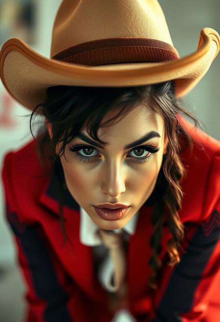 photograph,chavy english woman,hip-hop style suit,,cowgirl pose,looking at the viewer,Leaning forward,by Santiago Caruso,by Mike Azevedo,detailed eyes,detailed lips,extremely detailed face,long eyelashes,dynamic pose,showy,vibrant colors,warm lighting