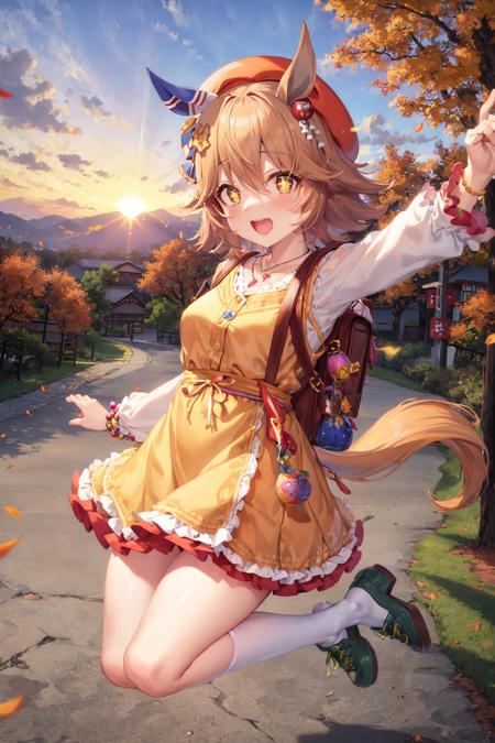 masterpiece, best quality,
matikanefukukitaru \(umamusume\),
horizon, sunset,
autumn, autumn tree, full body, outstretch arm, open mouth,
official alternate costume, yellow headwear, beret, jewelry, necklace, bag, bag charm, backpack, puffy long sleeves, bead bracelet, collared dress, yellow dress, frills, charm \(object\), white socks, green shoes,
<lora:matikanefukukitaru_loha:0.8>