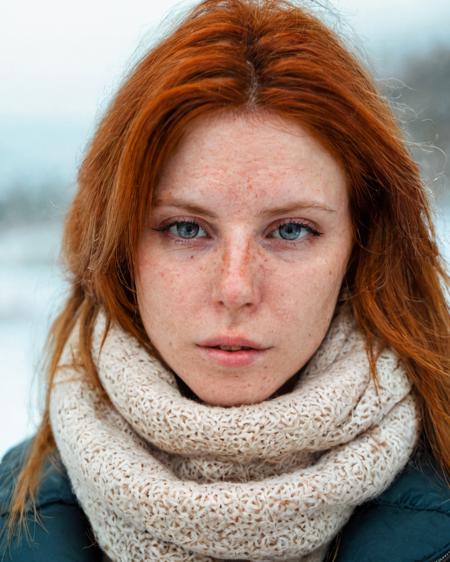 a  portrait of a a woman in winter <lora:Jiggly_128_v0.2:0.95>,  (close up:0.7), scarf, winter jacket,  freckles,