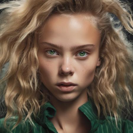 <lora:olivia_vinten_xl_lora:1> olivia vinten woman  close up fashion photo, Realistic 8K portrait: A young tomboy, blonde, short hair, green eyes, fashion clothing; dramatic lighting, cinematic colors; hyper-above