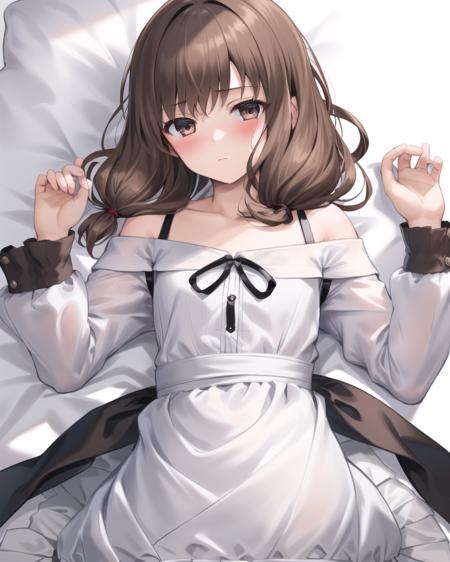 best quality,highly detailed,masterpiece,ultra-detailed,solo,1girl,(white background:1.5),(Delicate eyes),twintails,low_twintails, brown_eyes, brown_hair,eyebrows_visible_through_hair,off-shoulder shirt,bangs, long_sleeves, ribbon, blush,expressionless, lying