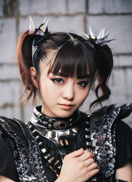 realistic, photorealistic, detailed, beautiful, RAW photo, film grain, (natural lighting :1.2), japanese, woman, raw photo, photo background, twintails, m0akiku, punk style, black outfit, 20 years old, detailed black eyes,  bokeh, baby metal, <lora:m0akiku -000008:1>