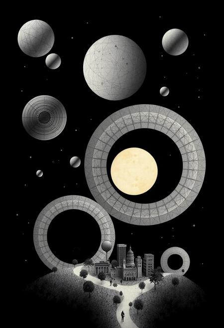 Circular Conscious Thoughts... novel visual style, black background, floating cosmic shapes and forms, large geometric circles with monochromatic contrast, scattered small black dots, miniature cityscape with tiny buildings and trees, surreal fantasy aesthetic, whimsical atmosphere, dreamlike composition, inverted channels, color negative effect, high contrast, ethereal glow, intricate details, imaginative storytelling