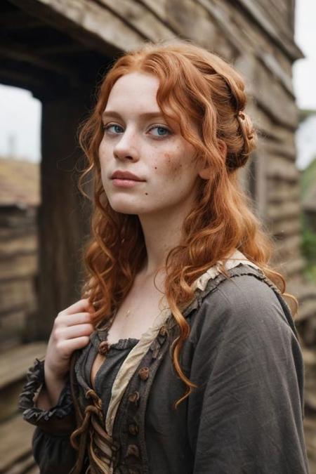 full shot photography of a pretty ginger irish girl, in the 18th century, blue eyes, messy victorian updo hairstyle, curly locks of hair pending over her shoulders, wearing a (dirty filthy ragged used pirate outfit:1.2), looking around her, detailed face, detailed hands, indecent dynamic pose, smirk, (angry rebelious smug expression:1.2), outside a tavern in an indonesian rustic fisher village, exquisite natural backlighting, dim light, rim light, low key, soft shadows, depth of field, photorealistic, analog film grain, rule of thirds, golden number, 8K, masterpiece
