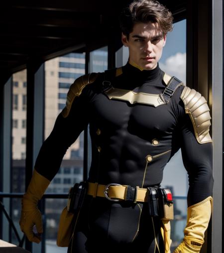 1male, realistic, bodysuit hero, black, yellow, belt red, face pale, gloves,  detailed, detailed face, (highly detailed:1.4), sharp focus, buildings,