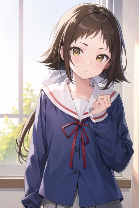 mashiromitsumine, <lyco:mashiromitsumine-lyco-nochekaiser:1>,
mashiro mitsumine, (brown eyes:1.5), brown hair, ponytail, (flat chest:1.2),
BREAK grey skirt, long sleeves, neck ribbon, red ribbon, ribbon, sailor collar, school uniform, skirt, white sailor collar, (blue shirt:1.5),
BREAK looking at viewer, full body,
BREAK indoors, classroom,
BREAK <lyco:GoodHands-beta2:1>, (masterpiece:1.2), best quality, high resolution, unity 8k wallpaper, (illustration:0.8), (beautiful detailed eyes:1.6), extremely detailed face, perfect lighting, extremely detailed CG, (perfect hands, perfect anatomy),