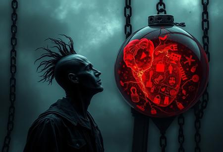 high quality , highly detailed, distinct pollution, dark atmosphere , 1 man completely dark figure with a glowing colorful broken heart being repaired, looking at a big floating dark red glass ball in a lot of chains and locks,red glass ball filled with emotions, passions, love, hate, anger, Jealousy, happiness, creativity and sadness , every one of them showcased in a form of something or someone