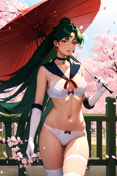 SetsunaMeiou, (sailor pluto, sailor collar, long hair, dark green hair, elbow gloves, neck ribbon, circlet, jewelry, white thighhighs, ponytail)