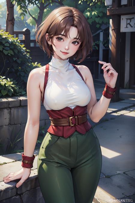 (masterpiece, top quality, best quality, official art, beautiful and aesthetic:1.2), (1girl:1.3), (fractal art:1.3), solo, 
short hair, breasts, pants, sleeveless,brown hair, sleeveless, closed mouth, bare shoulders, white turtleneck,toned,
green pants,  white footwear,boots,
outdoors, sunlight, upper body, smile, 
simple background, looking at viewer,   <lora:Annie:0.8>