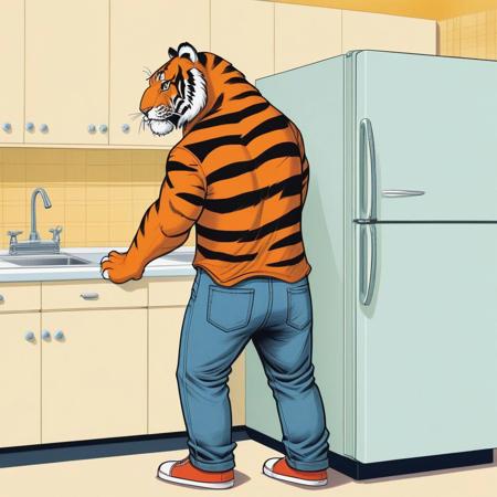 pov from behind, an anthropomorphic tiger standing in front of an open completely empty refrigerator, dressed in casual attire with jeans and a shirt, 1950s american style kitchen, by Ryan Yee, shutterstock, conceptual art, anthropomorphic tiger, hiding, detailed color scan , illustration, poster illustration, frank cho, concept photo