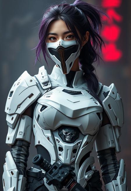 Upper body ,1girl ,beautiful 28 yo girl,dark purple hair, ponytail_hair,messy hair ,((Best quality, 8k, 32k, masterpiece,RAW photo, (realistic, photo-realistic:1.3),best quality,highly detailed,masterpiece,ultra-detailed), cyberpunk white mechanical armor suit , psychedelic military warrior women, (metallic white mask), using dark atmosphere mechanical detail cables and using katana black and red color palette gothic style,, ,blurry background,smile,,(oil shiny skin:1.1), (big_boobs), willowy, chiseled, (hunky:1.6),(perfect anatomy, prefect hand,), 9 head body lenth, dynamic sexy pose, (artistic pose of awoman),(from_below:1.3),