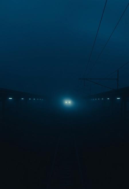 "A still, hauntingly beautiful evening train station, bathed in deep blue hues and thick, slow-moving fog. The camera lingers motionless above the tracks, capturing the eerie stillness—only the faint glow of distant station lights piercing the mist. Suddenly, a slow, ghostly movement: a single train arrives silently, its headlights cutting through the fog like dim searchlights. The air shimmers with floating particles, and the scene feels frozen in time, yet alive with tension. No people, no loud sounds—just the quiet hum of machinery and the occasional creak of metal. Cinematic, 4K, 35mm film grain, muted colors, surreal and dreamlike."