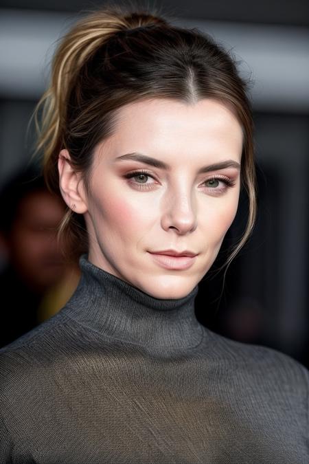 a photo of b3ttyg1lp1n, a woman (wearing a turtleneck jumper), on a premiere movie event, standing on the red carpet, (focus on face:1.2), (masterpiece:1.2), (photorealistic:1.2), (bokeh), (best quality), (detailed skin:1.2), (intricate details), (8k), (HDR), (cinematic lighting), (sharp focus), (close-up:1.2)