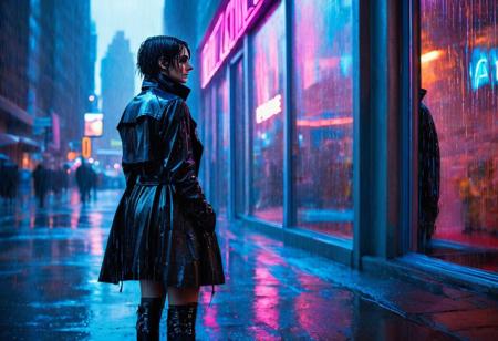 A high resolution photo of a beautiful woman with short, dark hair and piercing blue eyes stands alone on a rain-slick sidewalk in a neon-lit cyberpunk city. She is facing a large storefront window and seeing her reflection. The window (reflects the woman's image, but with a subtle difference:1.5).  Her reflection's eyes glow with a faint blue light, hinting at her artificial nature. The woman is dressed in a sleek, black trench coat and knee-high boots. Rain streams down her face and hair, creating a glistening sheen.  Towering chrome skyscrapers pierce the night sky.