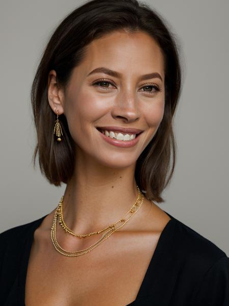 Realistic photo of a beautiful chr1styt woman,1girl,solo,looking at viewer,smile,short hair,brown hair,shirt,white background,brown eyes,jewelry,earrings,teeth,necklace,grin,lips,black shirt,portrait,realistic, soft lighting, professional Photography, Photorealistic, detailed, RAW, analog, sharp focus, 8k, HD, high quality, masterpiece<lora:chr1styt:1.0>