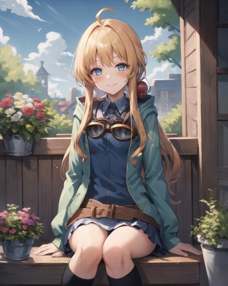 best quality, (masterpiece:1.2), illustration, absurdres,
(1girl, solo), (beautiful detailed girl),
<lora:Tita:0.95>, Tita Russell, blue eyes, blonde hair, long hair, ahoge, small breasts, flat chest, petite,
goggles on neck, green hoodie, blue shirt, miniskirt, black socks, red shoes,
church garden, outside church, stained glass, flowers, bush, plants, trees, sky, clouds, day, fruits, berries,
looking at viewer, smile, blush,
((sitting)), (upper body, portrait),