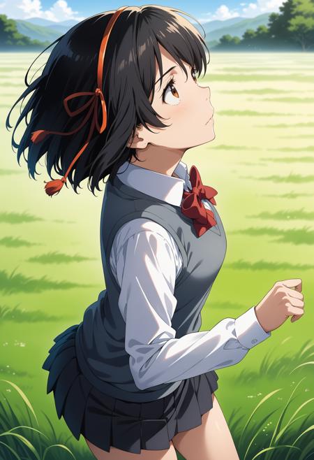 aamitsuha, black hair, short ponytail, hair ribbon, brown eyes, school uniform, red bowtie, collared shirt, white shirt, short sleeves, pleated skirt, black skirt bbmitsuha, short hair, black hair, red hairband, hair ribbon, brown eyes, school uniform, red bowtie, collared shirt, white shirt, sweater vest, long sleeves, pleated skirt, black skirt