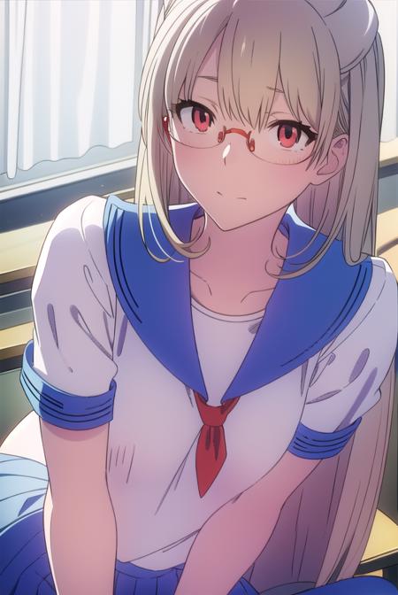 kotonesasaki, <lyco:kotonesasaki-LYCORIStest:1>,
kotone sasaki, long hair, (red eyes:1.5), glasses, blonde hair, hair pin, (small breast:1.2),
BREAK sailor uniform, serafuku, blue sailor collar, short sleeves, skirt, blue skirt, school uniform,
BREAK looking at viewer,
BREAK indoors, classroom,
BREAK <lora:GoodHands-vanilla:1>, (masterpiece:1.2), best quality, high resolution, unity 8k wallpaper, (illustration:0.8), (beautiful detailed eyes:1.6), extremely detailed face, perfect lighting, extremely detailed CG, (perfect hands, perfect anatomy),