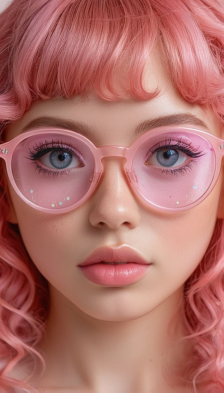 (in ARTIST style:1.9), (Frontal View:2) (striking active pose),CivChan,
Close-up gorgeous cute tsundere girl face, cute, pink bangs, freckles, striking pink large eyes, aligned eyes, mirror eyes, (half smile), pink wavy hair,
BREAK,
(wearing transparent pink glasses),  curly pink hair, 
extra long lashes, trendy portrait, 
tender Aesthetic nose, ears, puffy lips, sensual lips, detailed texture, detailed eyes, detailed skin, clean skin,
<lora:Someplastic_b:1>, (ultra sharp focus:1.8), (detailed skin:1.8), , (best quality:1.8),
<lora:Apparatus_-_Traction_City_Walkers_Vehicles:0.6>,
<lora:add-detail-xl:2> (ultra sharp focus:1.8), (detailed skin:1.8), , (best quality:1.8),
<lora:glowneon_xl_v1:0.7>