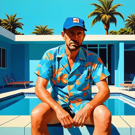 Andrew Yancy, grizzled former Florida Keys detective demoted to restaurant inspector, wearing a wrinkled Hawaiian shirt and baseball cap, tired eyes with stubble, sitting alone looking dejected, vibrant acrylic painting style, bold flat colors, clean geometric compositions, bright California sunlight, crisp shadows, modernist architecture, swimming pool blue tones, perfectly manicured landscapes, mid-century modern aesthetic, saturated color palette, smooth gradients, minimal detail work, contemporary pop art influence, architectural precision, optimistic 1960s atmosphere, vibrant acrylic painting style, bold flat colors, clean geometric compositions, bright California sunlight, crisp shadows, modernist architecture, swimming pool blue tones, perfectly manicured landscapes, mid-century modern aesthetic, saturated color palette, smooth gradients, minimal detail work, contemporary pop art influence, architectural precision, optimistic 1960s atmosphere,