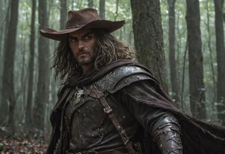score_9, score_8_up, score_7_up, score_6_up, score_5_up, score_4_up,<lora:Fant5yP0ny:0.8>, solo, 1man, Human, rugged looks, slight beard, tall, long brown hair, dark eyes, ranger, dark Leather armor, Cavalier hat, tan skin, flowing black cloak, holding a dagger, 
Outside, fantasy woods.  dynamic lighting, daytime