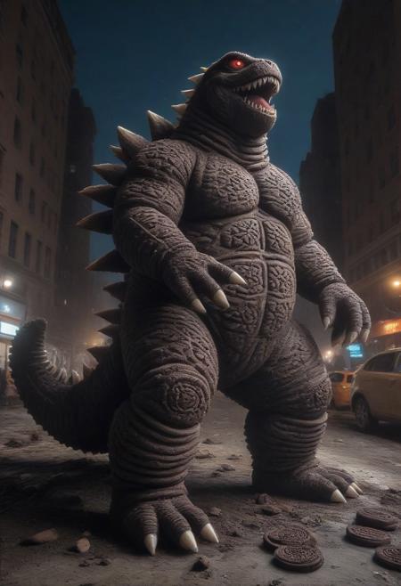 A gigantic Godzilla Monster made of creamy cookies stomping through New York City at night, destruction, debris
