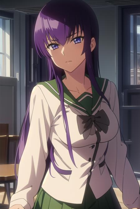 saekobusujima, <lyco:saekobusujima-LYCORIStest:1>,
saeko busujima, long hair, purple hair, (purple eyes:1.1), hair between eyes,
BREAK skirt, long sleeves, bow, school uniform, serafuku, green skirt,
BREAK looking at viewer,
BREAK indoors, classroom,
BREAK <lora:GoodHands-vanilla:1>, (masterpiece:1.2), best quality, high resolution, unity 8k wallpaper, (illustration:0.8), (beautiful detailed eyes:1.6), extremely detailed face, perfect lighting, extremely detailed CG, (perfect hands, perfect anatomy),