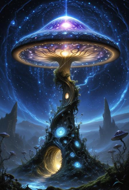 A colossal living mushroom structure on a remote alien world, standing as both a sacred relic and an active interdimensional gateway. Its petrified stem rises from the cracked crystalline ground, pulsing with glowing veins of bioluminescent energy that resemble both organic capillaries and arcane circuitry. The massive cap is semi-transparent, filled with swirling mist and shifting holographic constellations. In its center, a portal hums with power — a vortex of liquid light and floating runes spiraling into unknown dimensions. Strange flora grows around the base — vines with embedded microchips, glowing spores that form temporary glyphs in the air, and moss that reacts to presence by lighting up in rhythmic pulses. The sky above is dark violet, pierced by distant stars and a fractured ringed planet hovering ominously. Ethereal echoes of ancient voices whisper through the air, suggesting this place was once used by a civilization that merged magic, biology, and cosmic technology. Ultra-detailed digital painting style, cinematic lighting, rich textures.