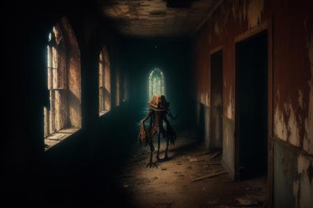 (masterpiece),  a sinister creature skulking  in a building    , 8k, highest quality , by style-abandoned2