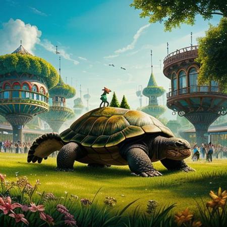 a giant turtle sitting on top of a lush green field, fantasy art, a steampunk city, city of the future,ornate, colorful building, unique architecture!, super slowmotion, in a candy land style house, archimedes, koopa, tree town, sky town