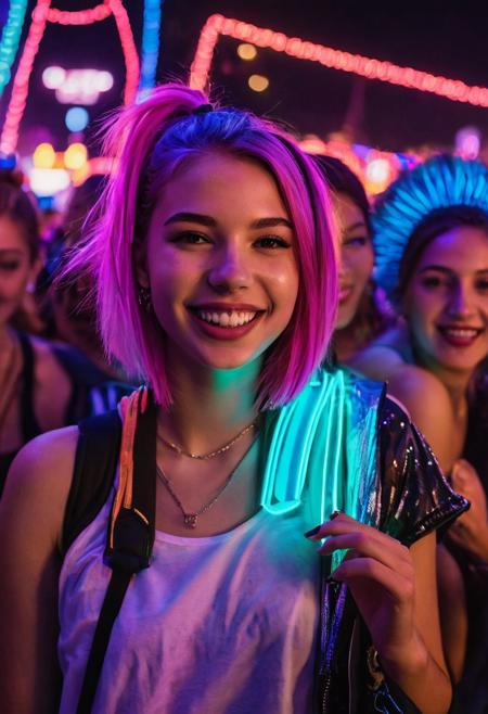score_9, score_8_up, score_7_up, score_6_up, beautiful 19 year old girl, colored hair, neon lights, rave, rave clothing, crowd, nighttime, dusk, smiling, ultra realistic, big lips, (masterpiece, best quality, highres:1.2), (photorealistic:1.2),