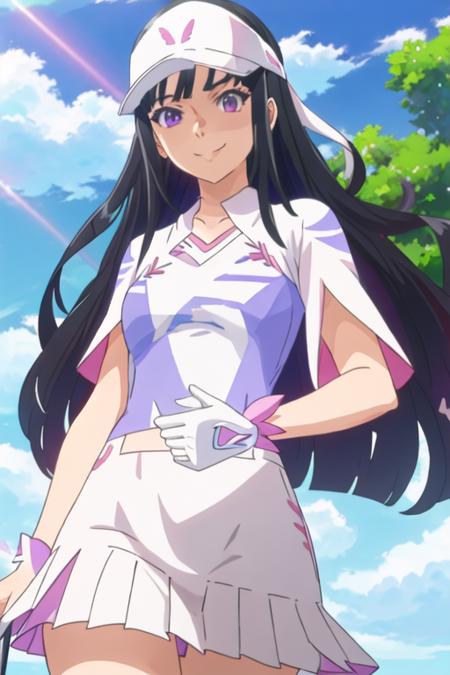 best quality, masterpiece, highres, solo, {amawashi_aoi_birdiewinggolfgirlsstory:1.15}, long_hair, black_hair, purple_eyes, smile, visor_cap, day, blue_hair, 1girl, anime_coloring, blue_sky, cloud, sky, hat, parody, sunlight