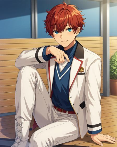 amagi hiiro,  blue eyes, red hair, curly hair, short hair, bangs, hair between eyes, single earring,