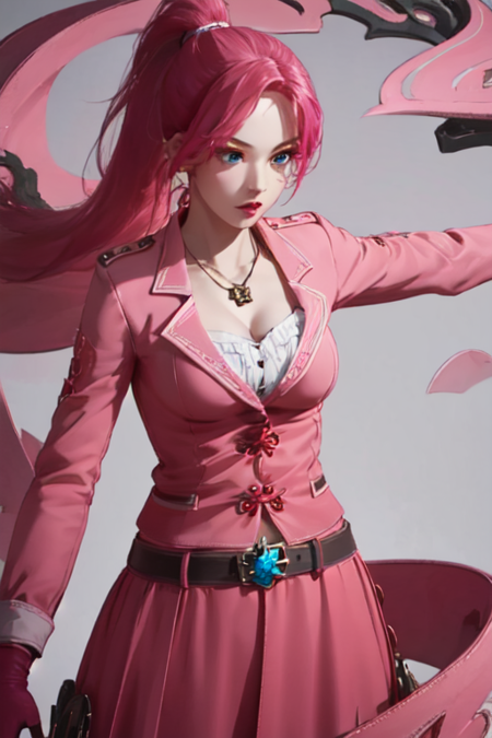 WuFengDonghua, 1girl, solo, blue eyes, skirt, pink dress, cleavage, medium breasts, ponytail, pink hair, red hair, belt, necklace, gloves, long sleeves, buttons, 