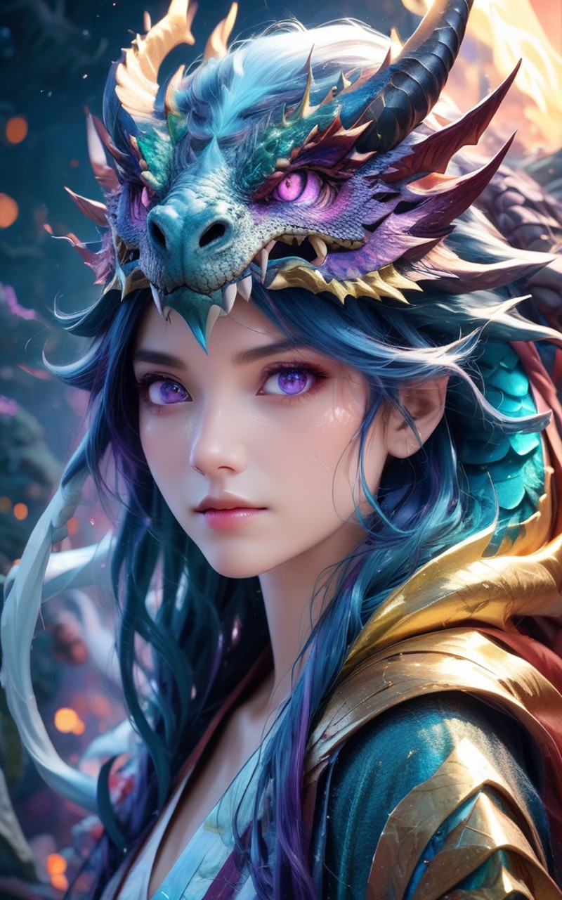 masterpiece, best quality ultra-realistic mix fantasy,(1 giant eastern dragon:1.3) behind an asian woman holding a glowing...