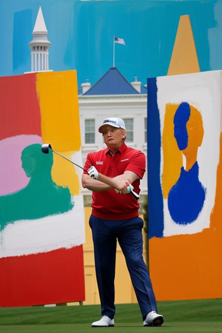 Donald Trump playing golf in front of the white house, masterpiece, full body shot, abstract painting, style pablo picasso, full color, modern art