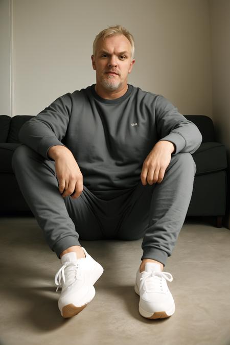 GregDavies, large format photo of a man, anxious facial expression, gray crewneck sweatshirt, jogger sweatpants and slip-on sneakers, upper body, under bounced lighting, from below, shot on a Kodak Brownie
 <lora:GregDaviesLora:1>