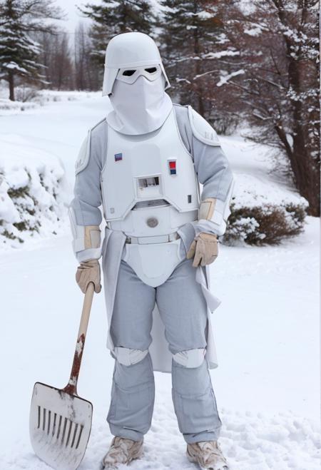 a man in white swsnwtrpr suit (shoveling a driveway:1.2)<lora:SnowtrooperV10:0.8>,mask,in front of a house,snowy,RAW photo, 8k uhd, dslr, soft lighting, high quality, film grain, higly detailed face,ultra detailed,masterpiece quality,Fujifilm XT3